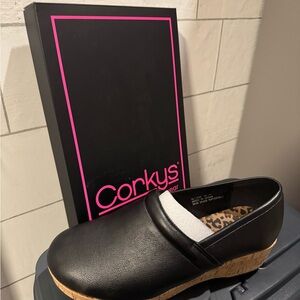 Corkys Black Leather Mules with Cork Sole